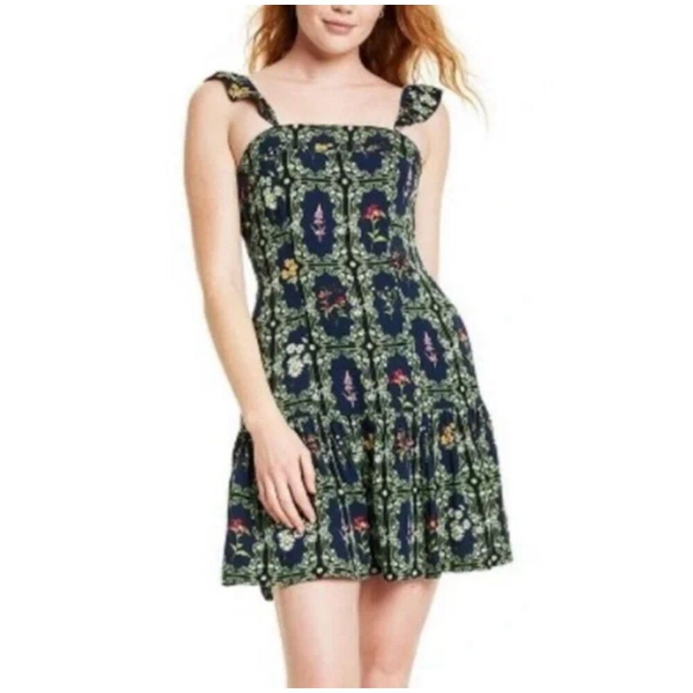 AGUA BENDITA Floral Tile Print Flutter Sleeve Mini Dress